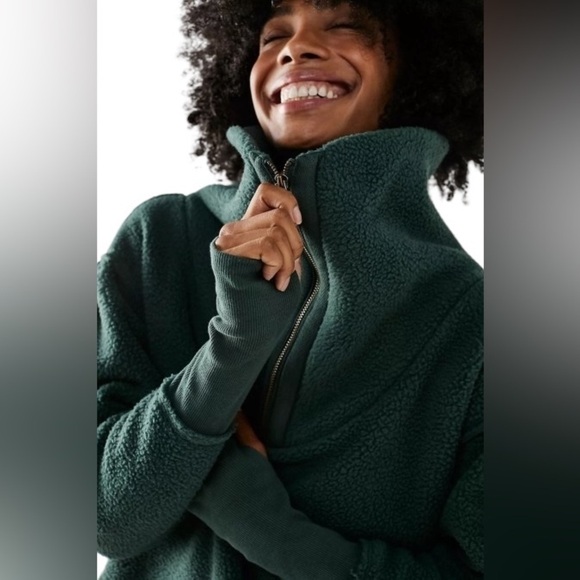 Free People Poppy Pullover- Forest Pine Sherpa Half Zip Pullover- Size Small - Picture 2 of 13
